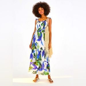 FARM Rio Blue Wind Maxi Dress Leaf Parrot Bird Macaw Print Size M